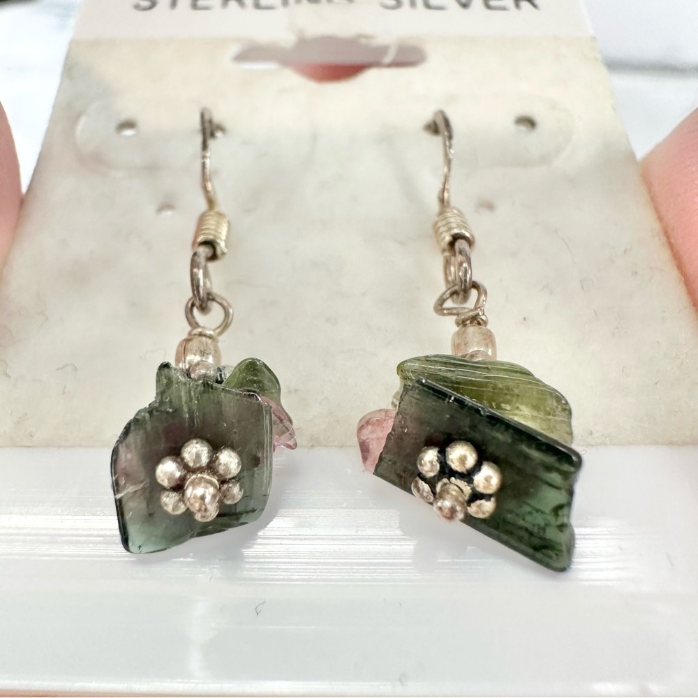 Sterling Silver Green Purple Dangle Earrings Natural Stones - Picture 6 of 10